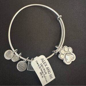 Alex and Ani Paw Print Crystal Charm Expandable Bangle Bracelet Silver Tone, NWT